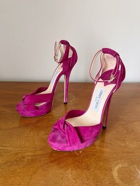Jimmy Choo • Greta platform sandal magenta suede stiletto heel ankle strap